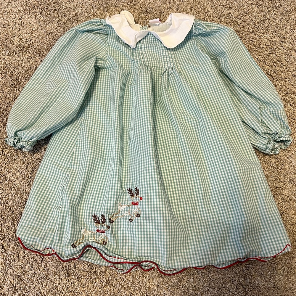 Little girls Green Gingham Dress with Reindeer Embroidery
